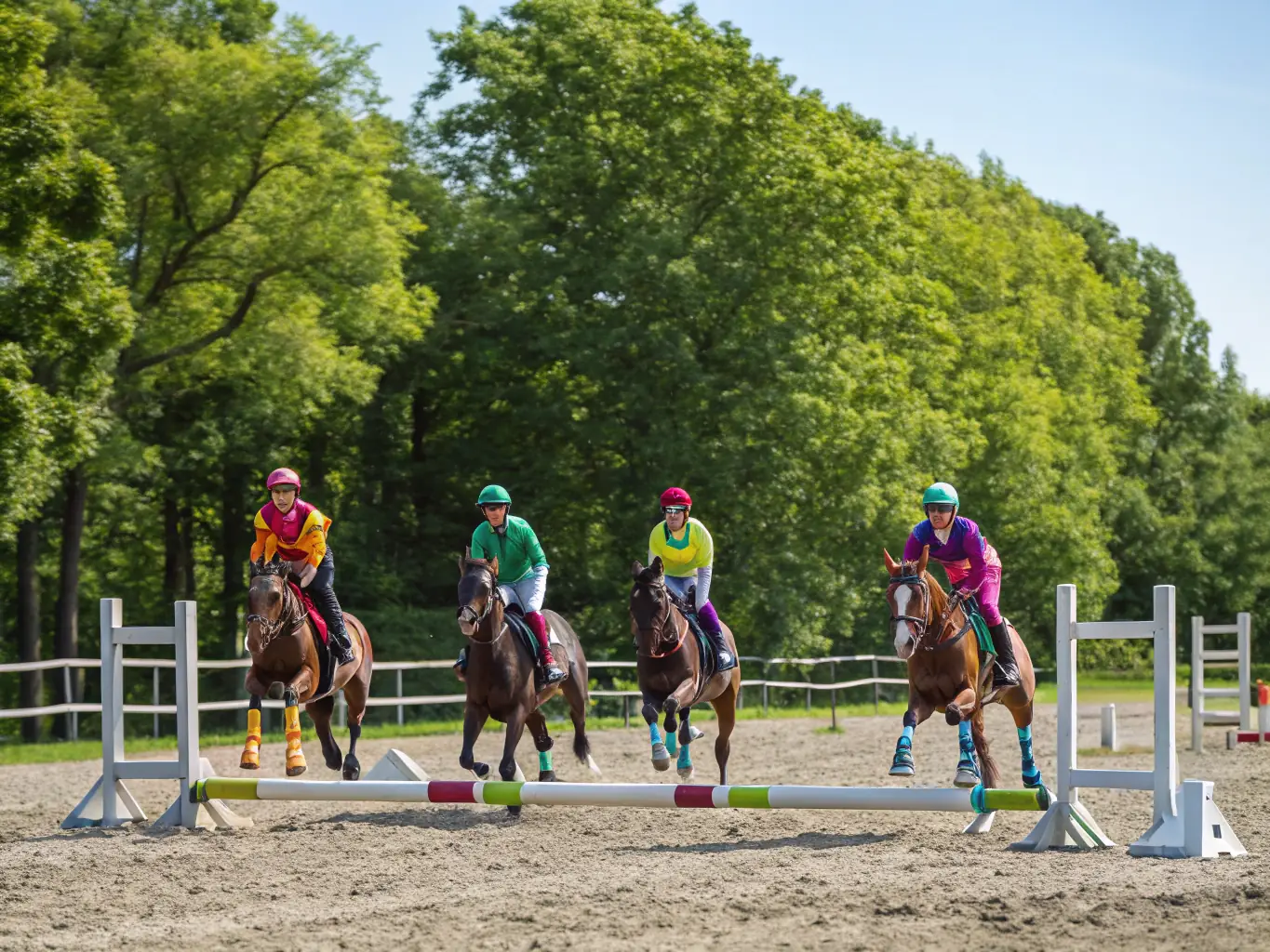 A vibrant scene from a local equestrian competition, showcasing riders of various ages and skill levels competing in show jumping, with spectators cheering them on.