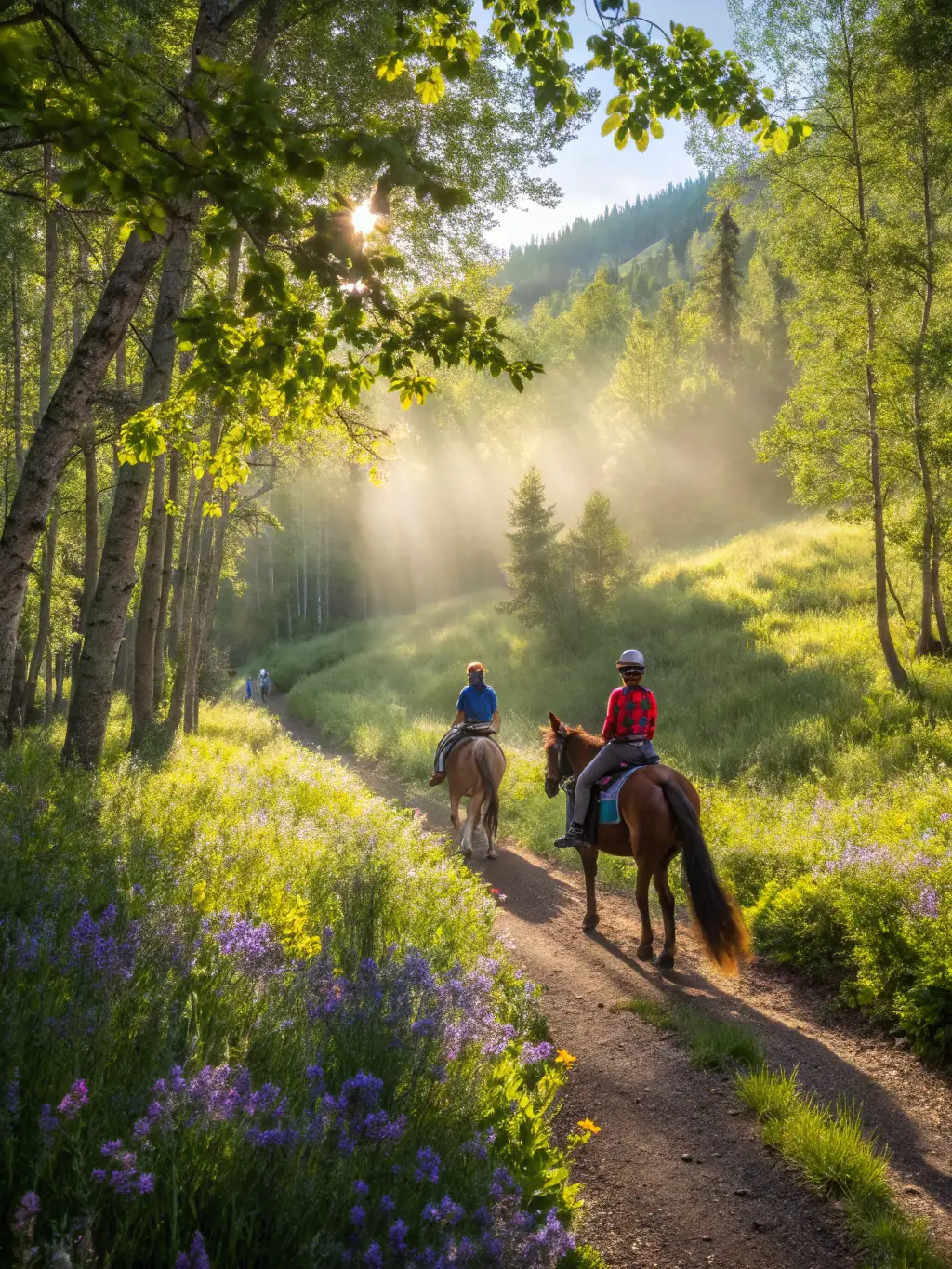 A group of riders participating in a trail ride through a scenic forest, showcasing the club's outdoor adventure program.